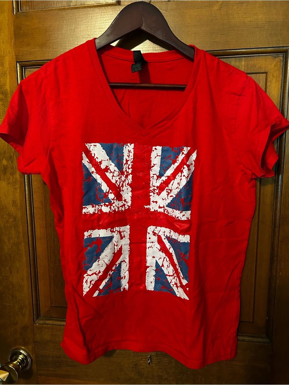 Gildan Red V-Neck Tee with Distressed Union Jack Graphic
